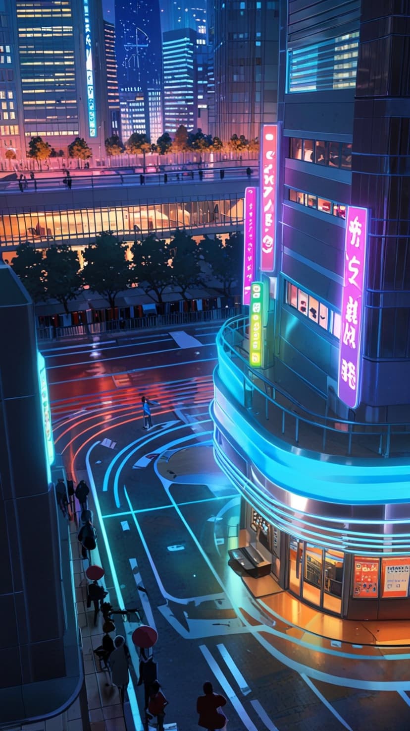 Skateboarder on a rain-slicked urban street at night beneath glowing neon signs and futuristic skyscrapers.