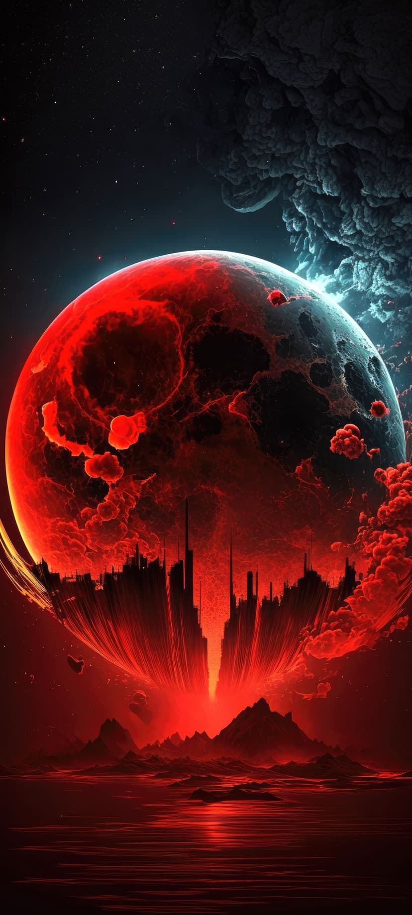 Red Celestial City Under Starry Nebula Phone Wallpaper