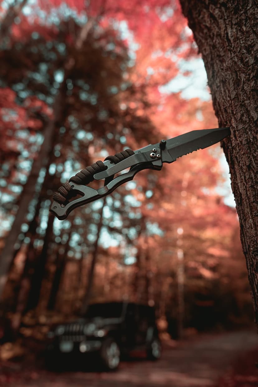 Black tactical folding knife with a paracord handle wedged in tree bark against a blurred autumn forest background.