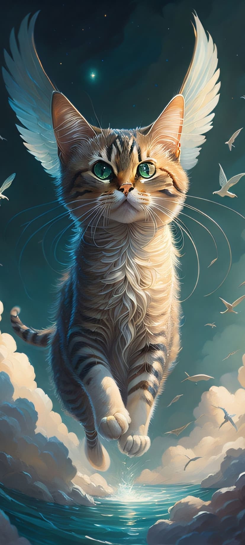Tabby cat with white wings flying through a star-filled purple sky with clouds and small birds in the distance.