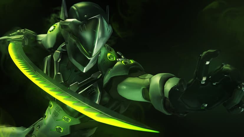 Cybernetic ninja in green armor wielding a glowing katana with green light trails against a dark smoky background.