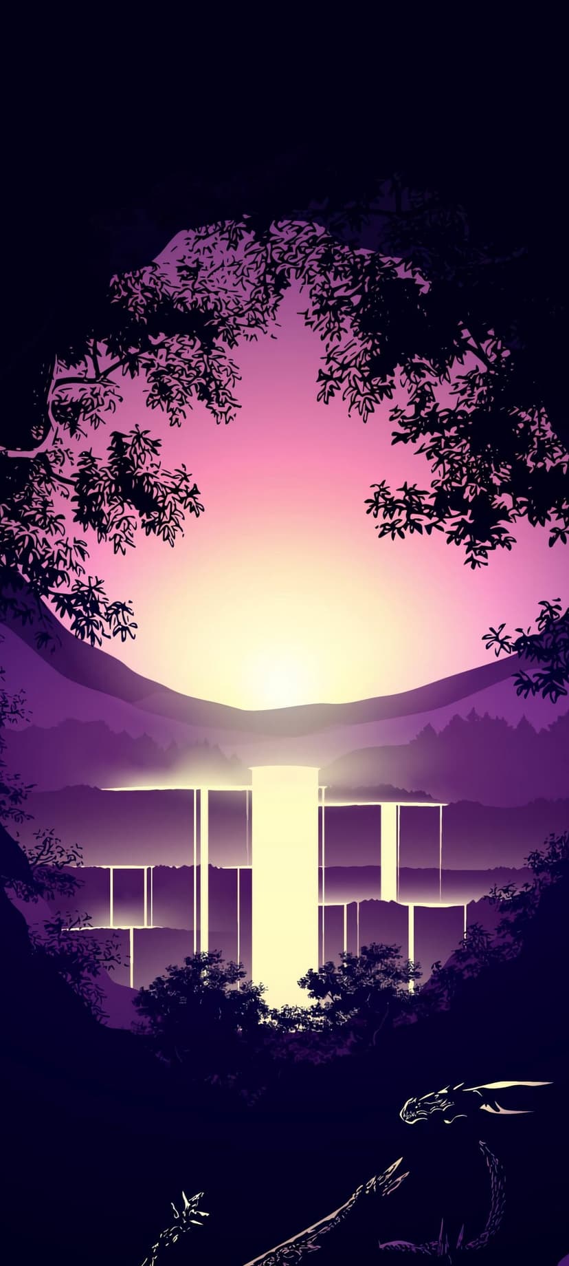 A winged dragon stands near a glowing waterfall under a pink sunset forest with distant mountain silhouettes.