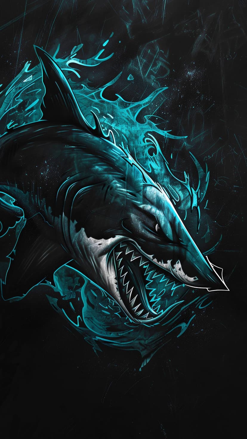 Great white shark roaring with glowing blue water splashes and sharp teeth against a dark black background.