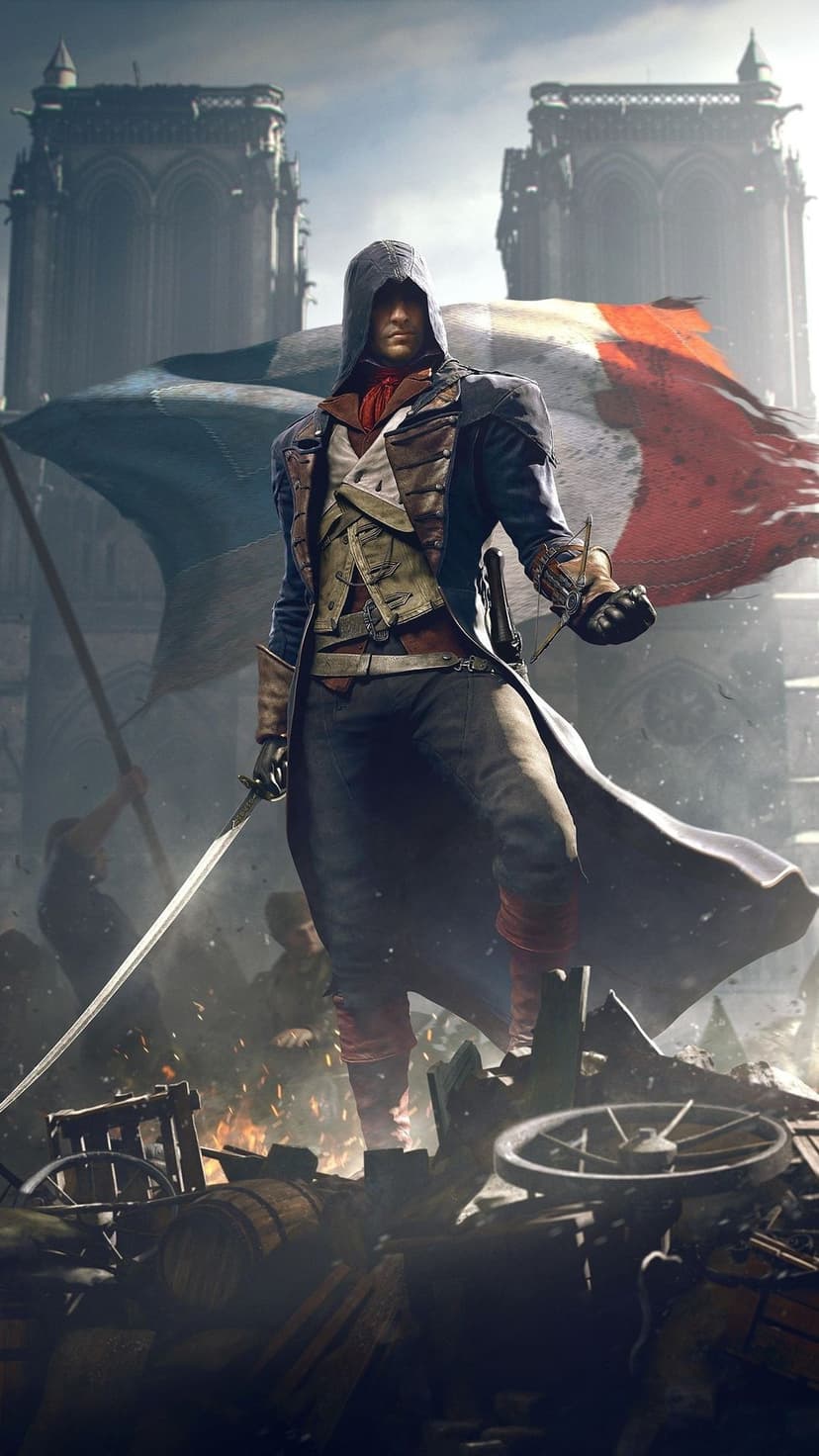 Arno Dorian in blue assassin robes stands on rubble holding a sword before a French flag and Notre-Dame cathedral.