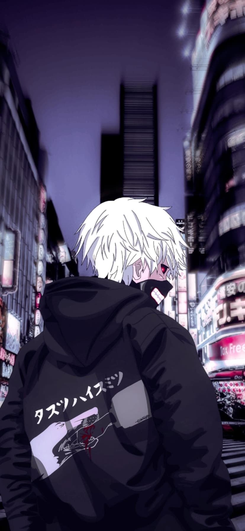 White-haired youth with red eyes in a black graphic hoodie stands before a blurred neon-lit city at night.