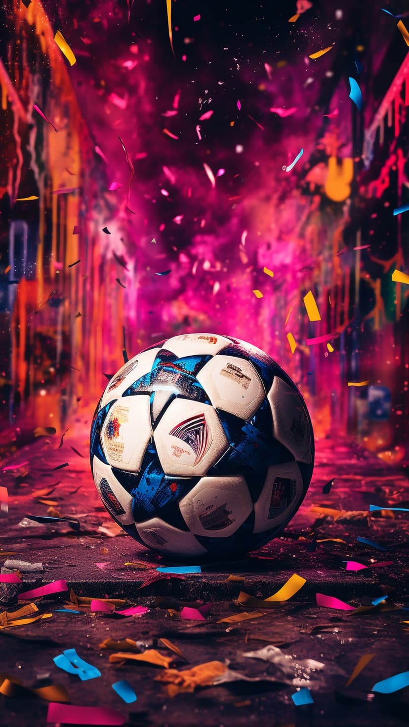 Soccer ball with tournament logos amidst falling confetti over a blurred pink and orange abstract background.