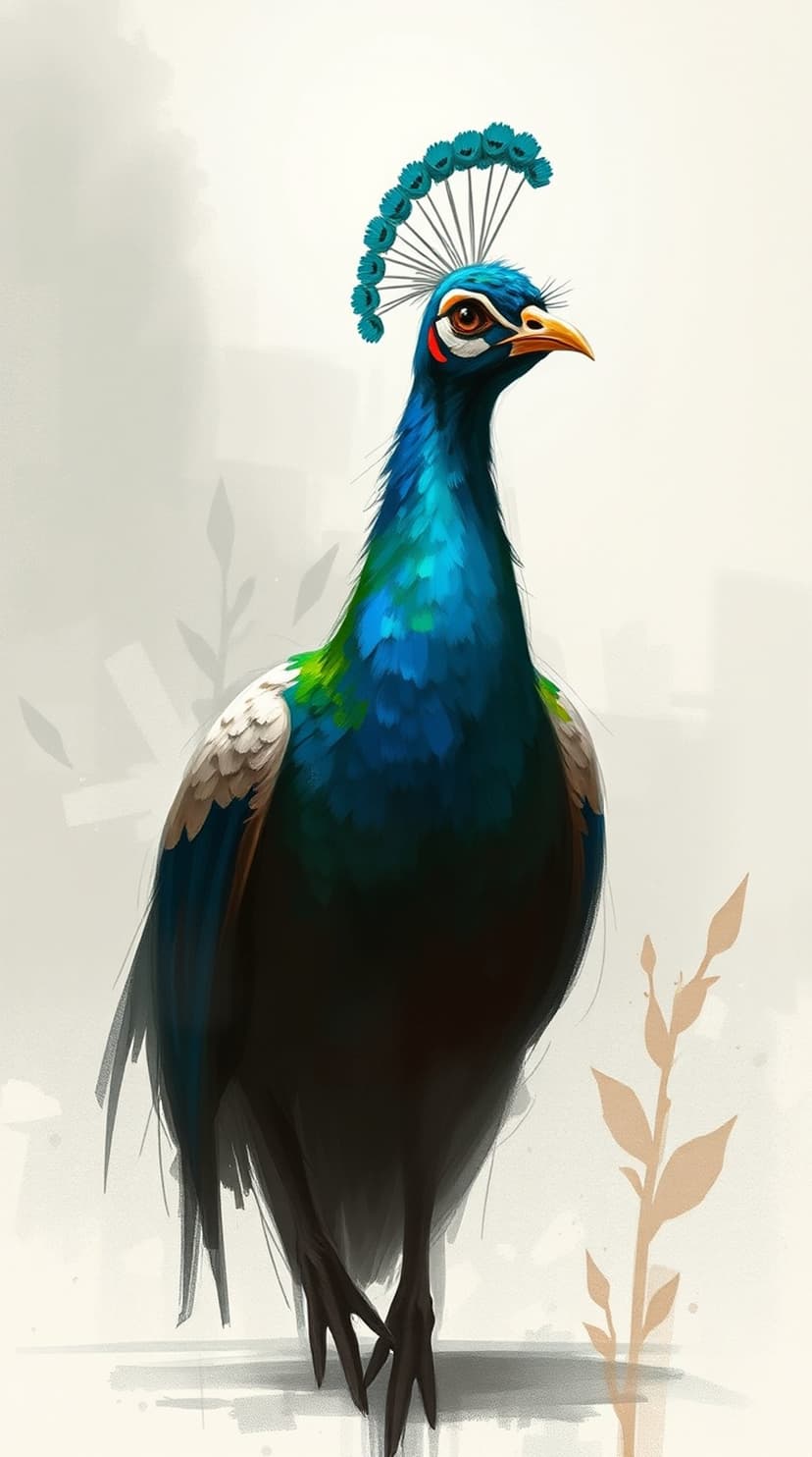 Peacock with a blue crest and teal neck feathers standing amidst soft green foliage in a vertical portrait.