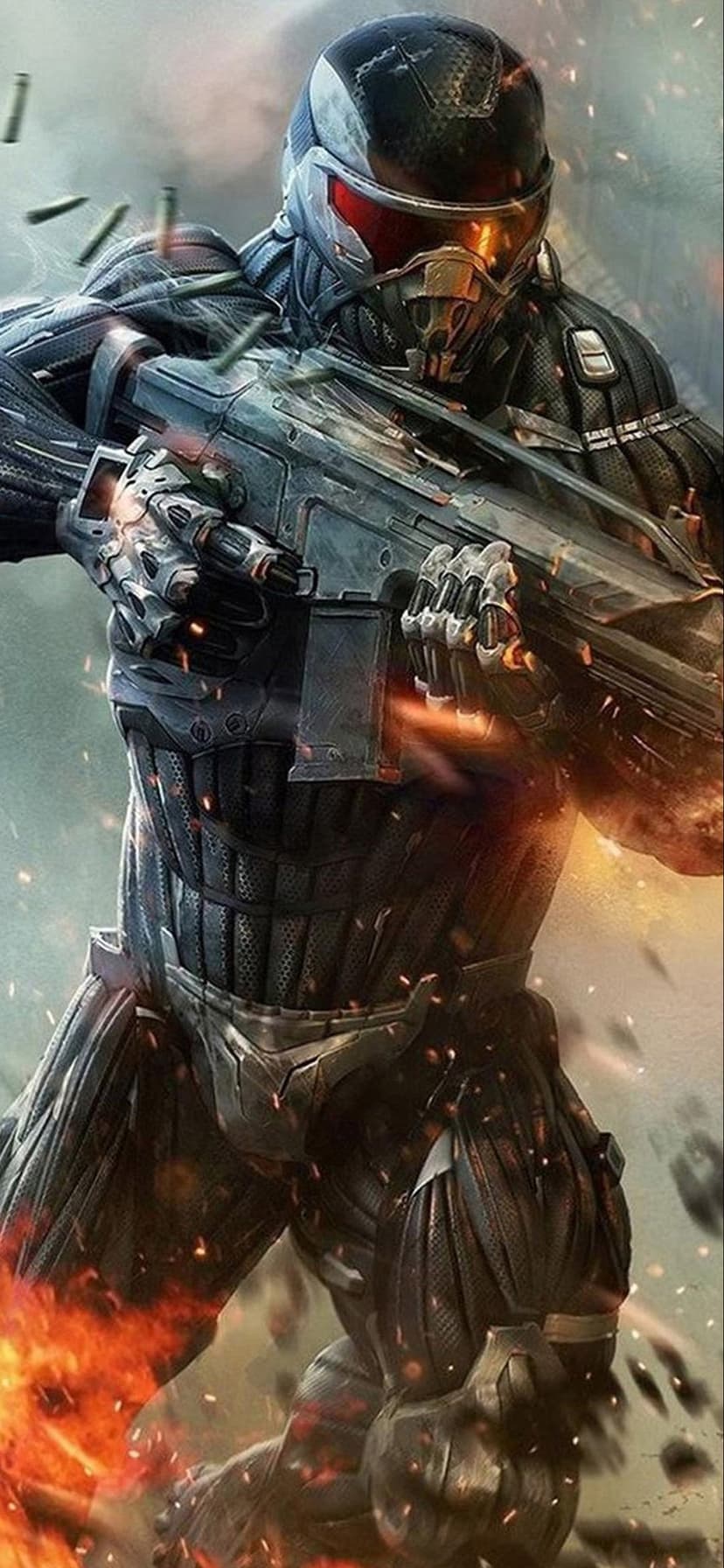 Nanosuit soldier in dark armor holding a rifle with glowing red visor and flying sparks in a combat scene.