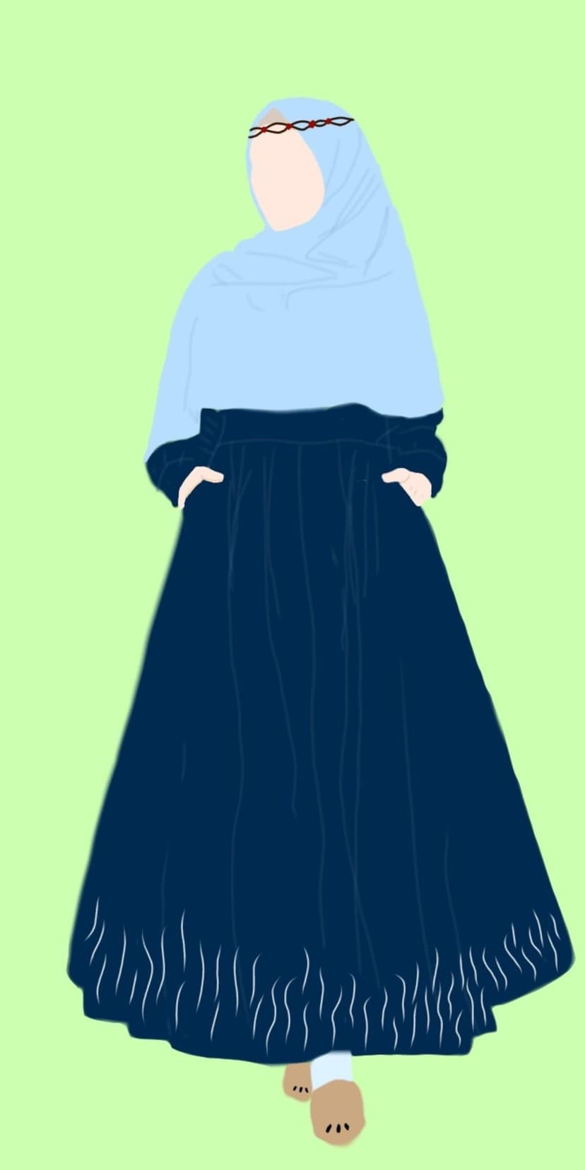 Woman wearing a light blue hijab and navy pleated dress with hands in pockets against a solid green background.