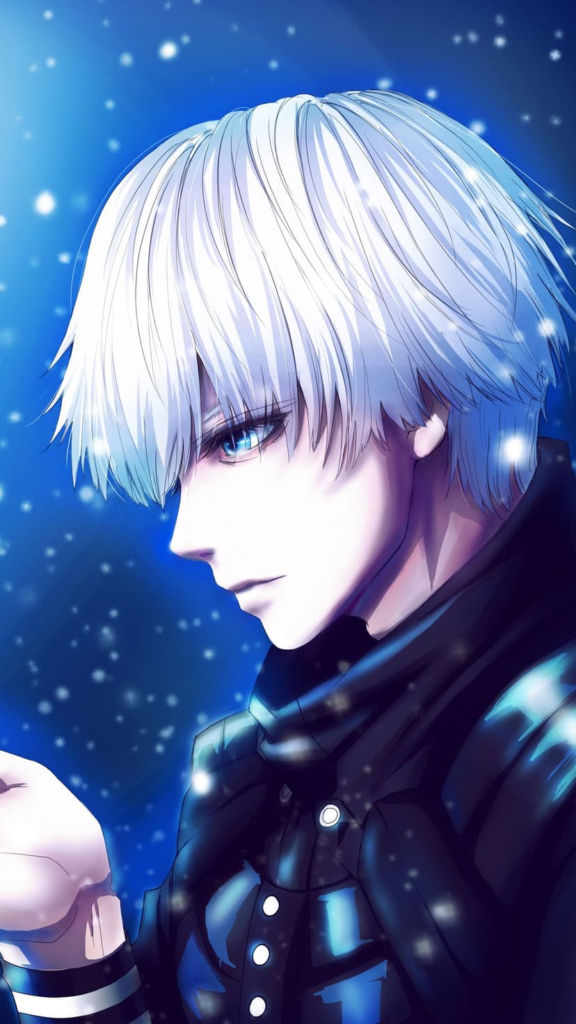 White-haired anime man with glowing blue eyes stands against a backdrop of shimmering stars and light snow.