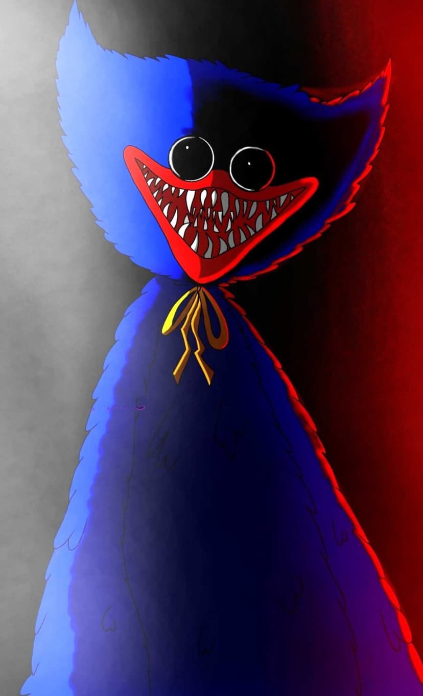 Huggy Wuggy with sharp teeth and a wide smile on a split grey and red background for mobile phone screens.