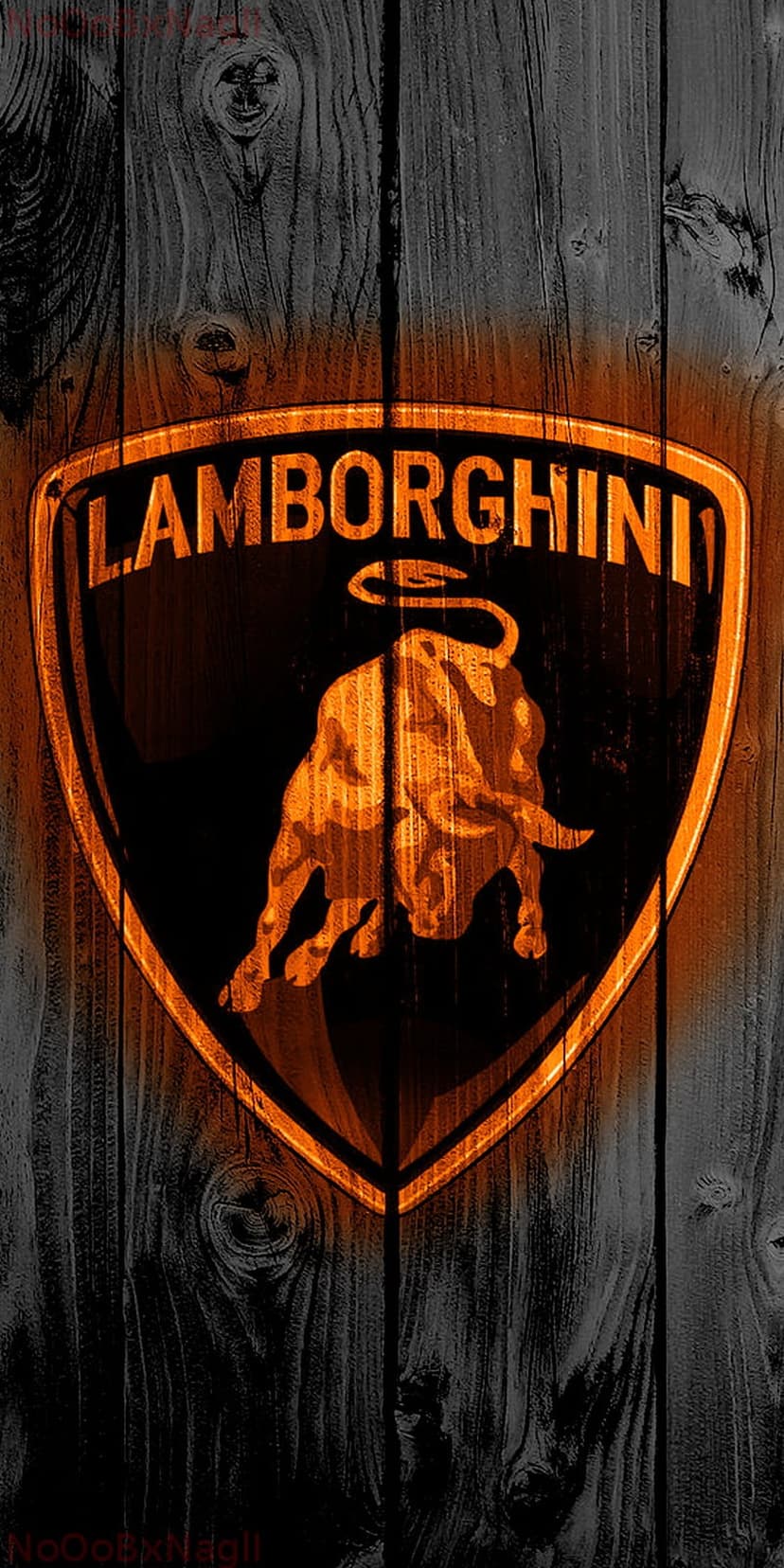 Orange Lamborghini shield emblem positioned on charred rustic wood planks with visible timber grain patterns.
