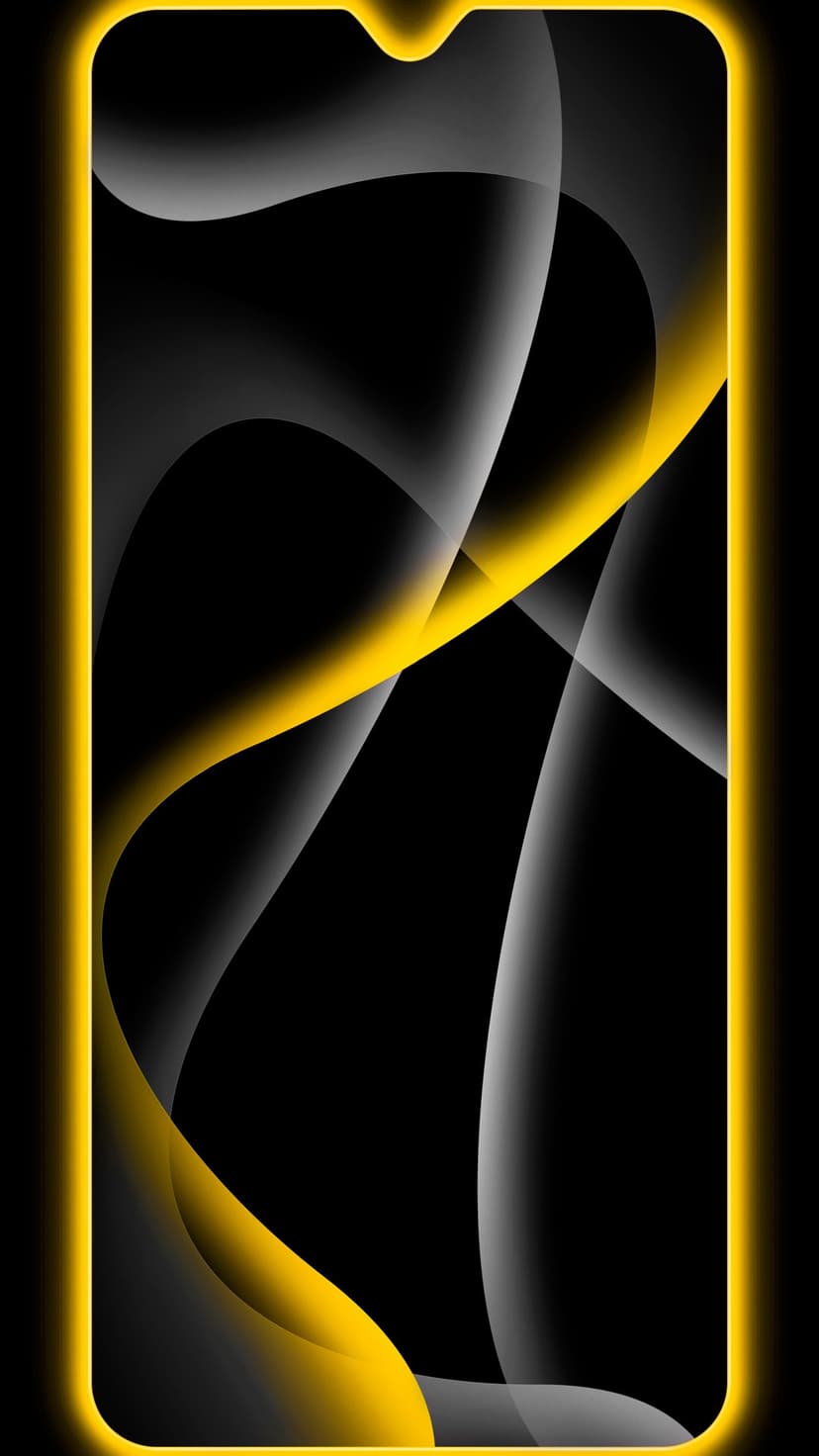 Luminous yellow and gray swirls curve against a solid black background with a glowing border for mobile screens.