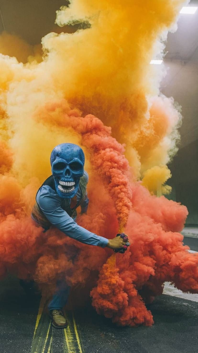 Person in a blue skull mask holding an orange smoke bomb amidst thick yellow and orange clouds on urban asphalt.