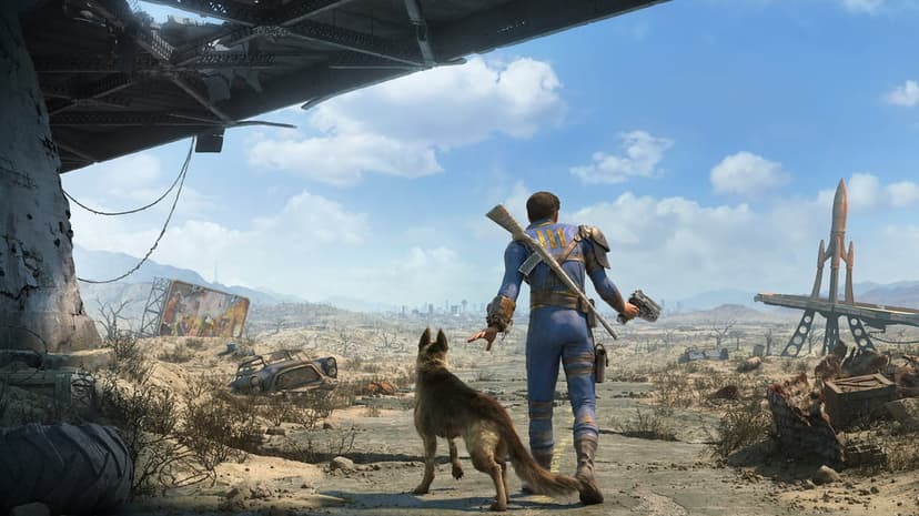 Vault dweller in blue armor and a German Shepherd look toward a ruined city across a bright sunlit desert wasteland.
