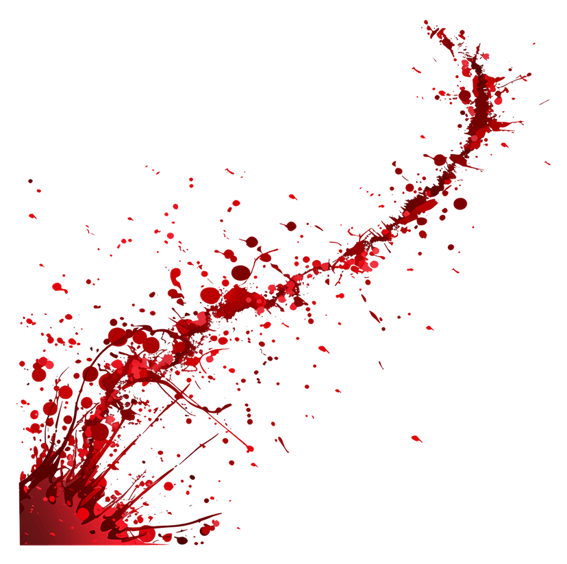 Red paint splatter featuring organic liquid droplets, fine mist spray, and erratic streaks on a clear backdrop.