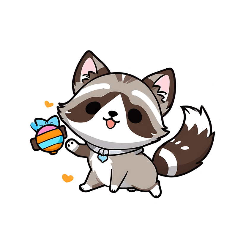 Raccoon sticker illustration holding a striped candy piece while wearing a blue heart charm on its collar.