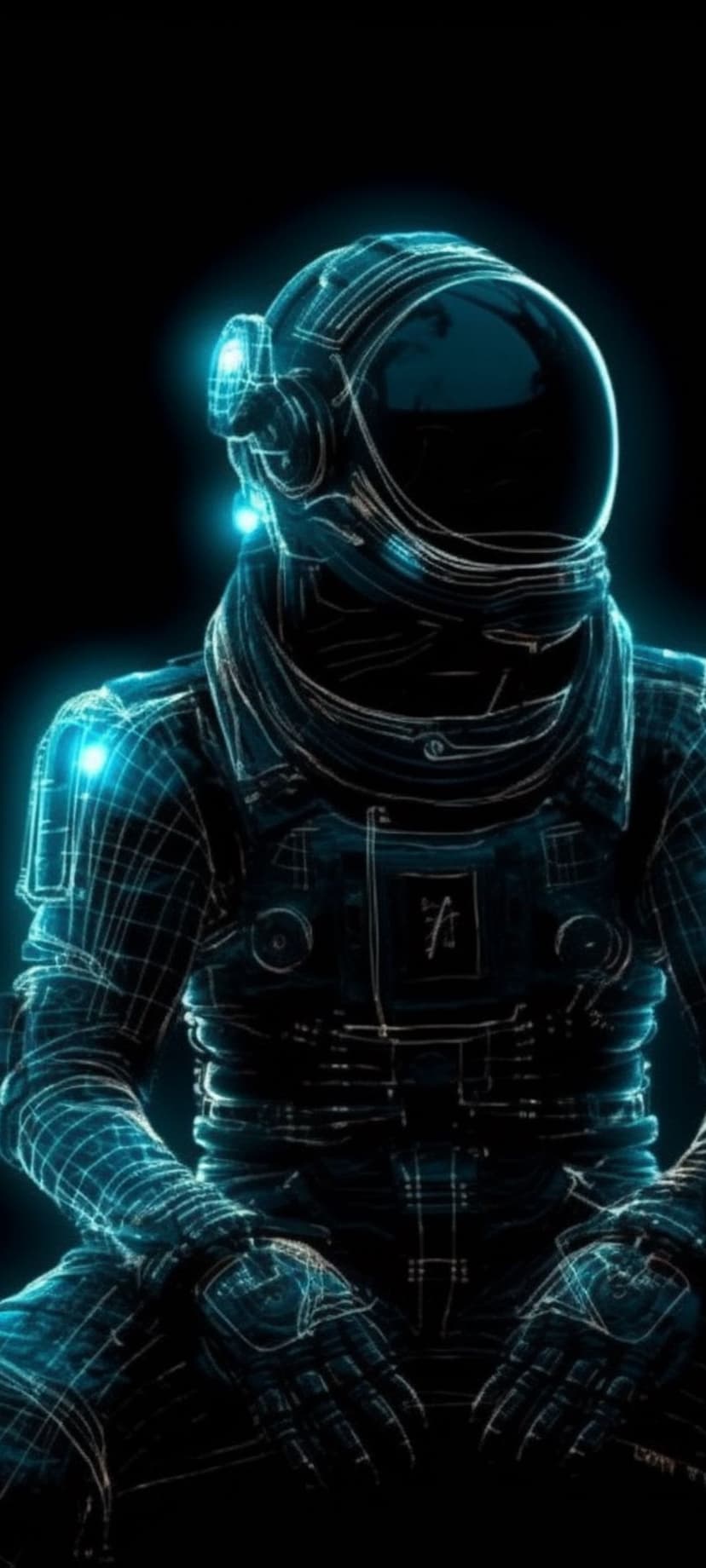 Astronaut with glowing blue suit outlines standing in a dark void of space with electric light patterns.