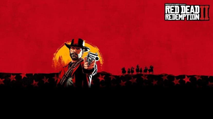 Arthur Morgan aims a silver revolver against a vibrant red backdrop with distant silhouettes on horseback.