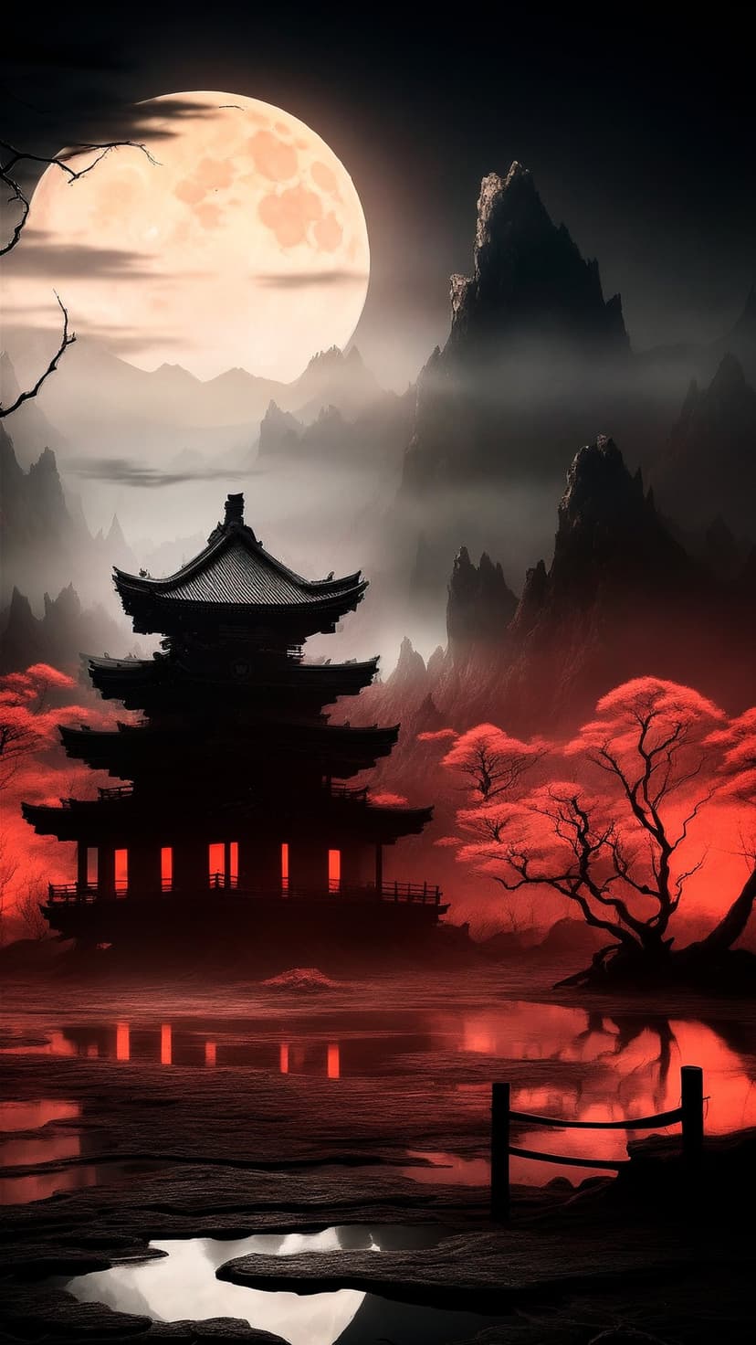 Traditional Japanese pagoda silhouetted against a giant glowing moon with red maple trees and misty mountains.