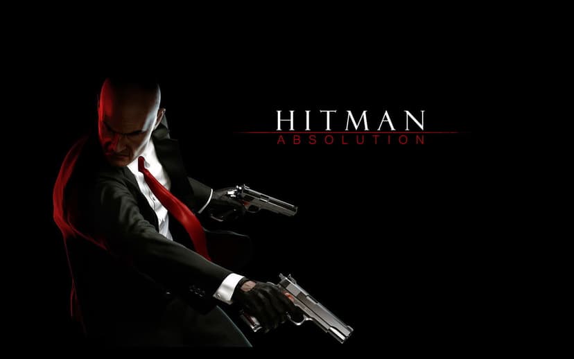 Agent 47 in a black suit holds dual silver pistols against a black background with Hitman Absolution text.