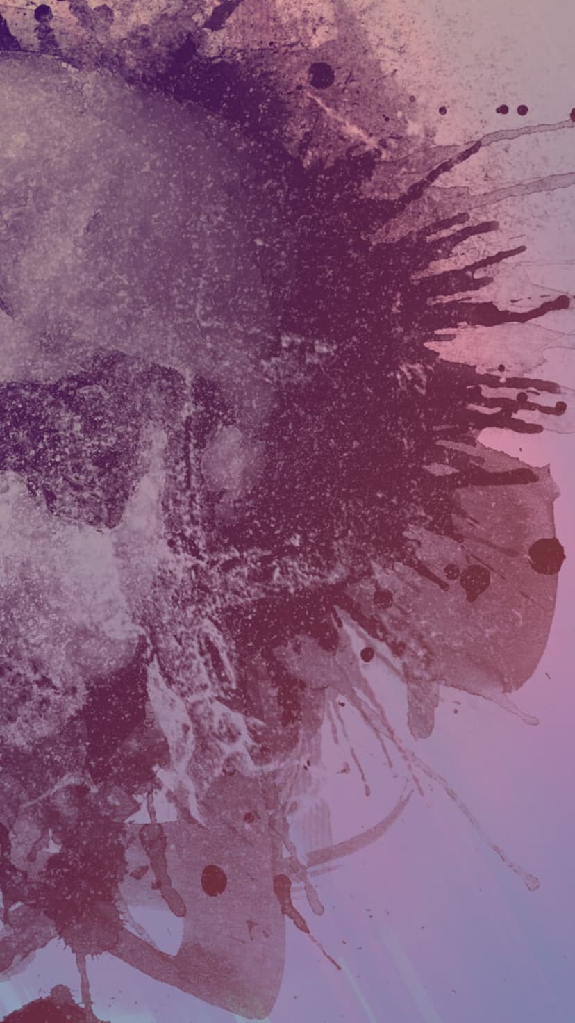 Purple and pink ink splatters drip across a soft gradient background in a vertical artistic composition.