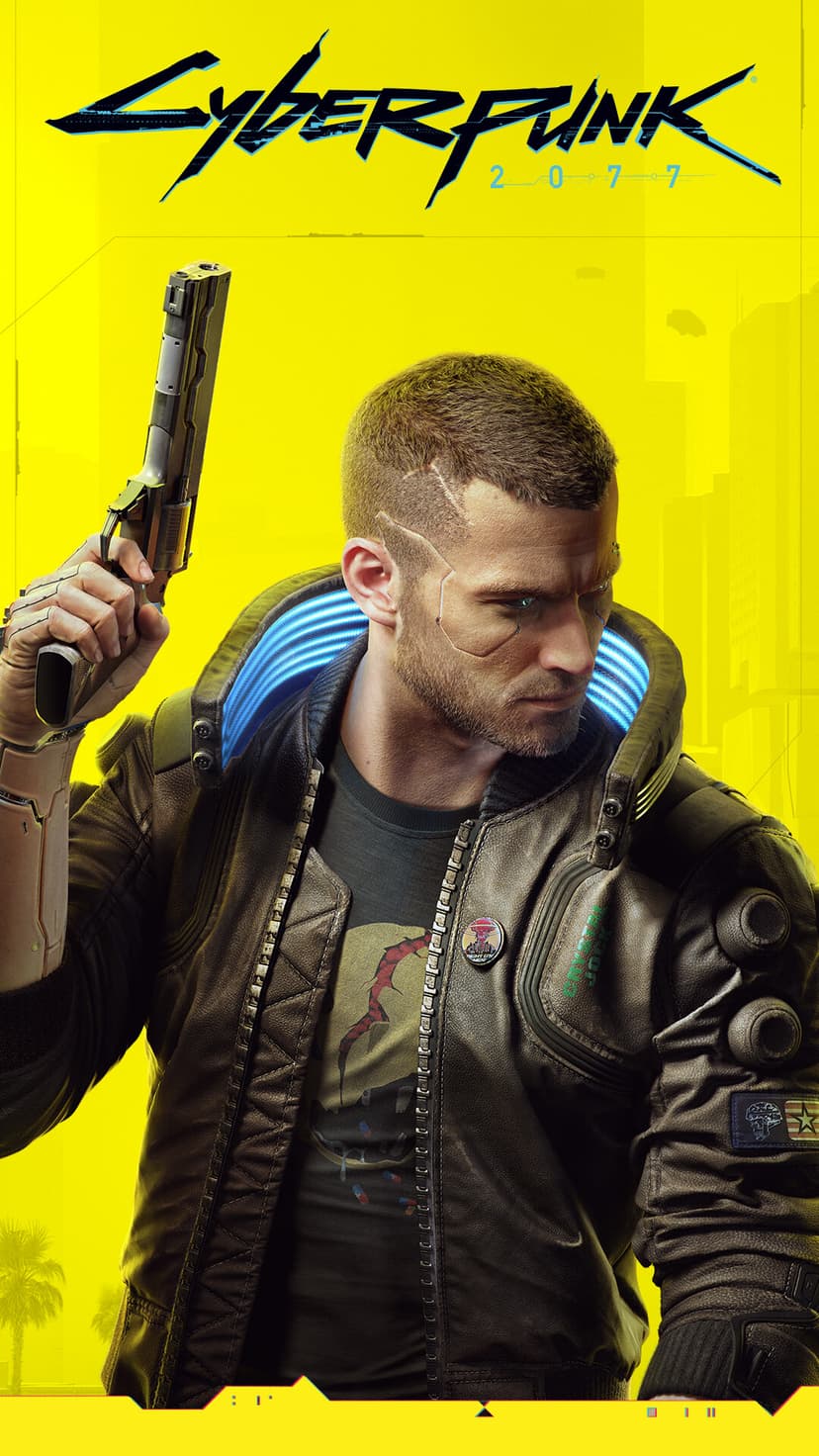 Male character V with cybernetic implants holding a pistol against a yellow Cyberpunk 2077 background.