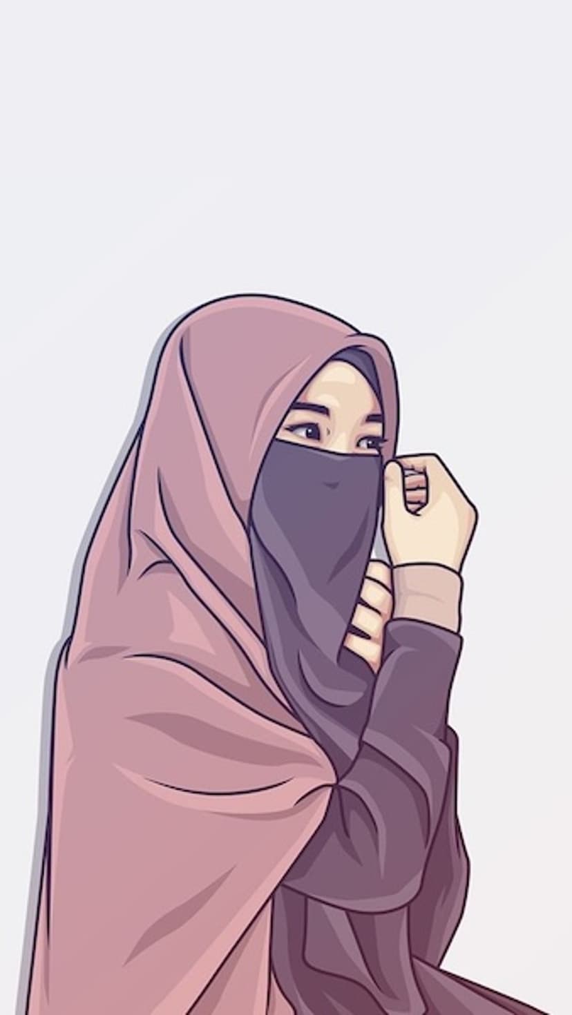 Muslim woman wearing a pink hijab and purple niqab while adjusting the veil with her hand against a white backdrop.