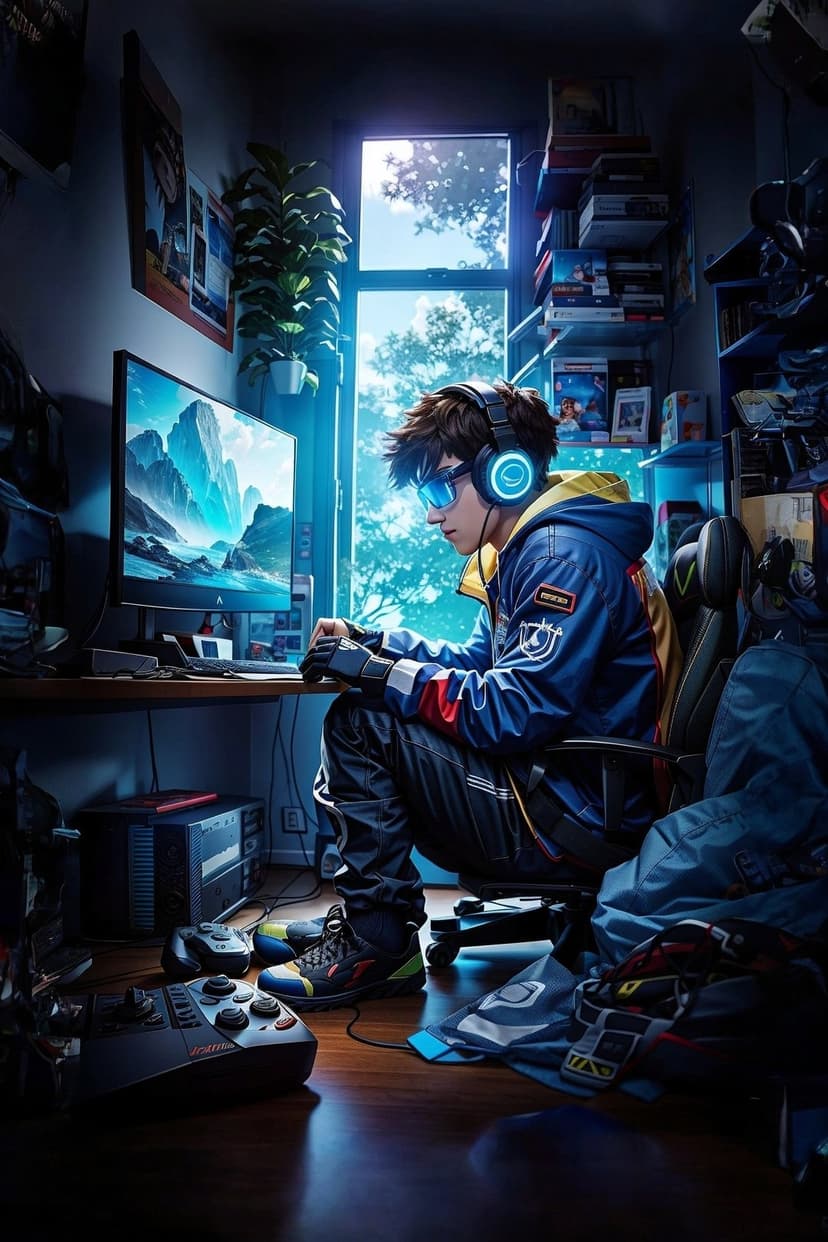 Teenage boy with blue glasses and headphones stares at a glowing computer screen in a dark, detailed game room.