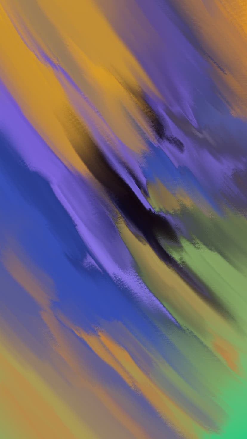 Purple, blue, and yellow diagonal paint strokes overlap with thick textures to create a sense of fluid movement.