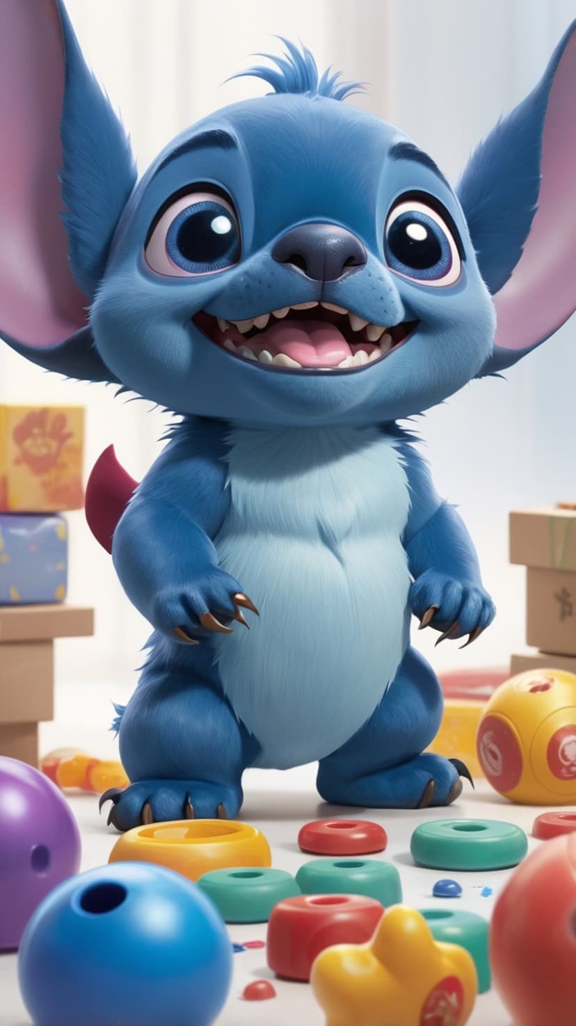 Stitch the blue alien smiles broadly while surrounded by colorful stacking rings and toy blocks on a white floor.