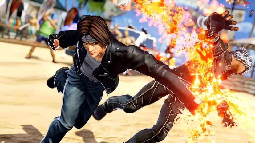 Kyo Kusanagi delivers a fiery punch to K' in an outdoor beach setting with cinematic lighting and deep shadows.