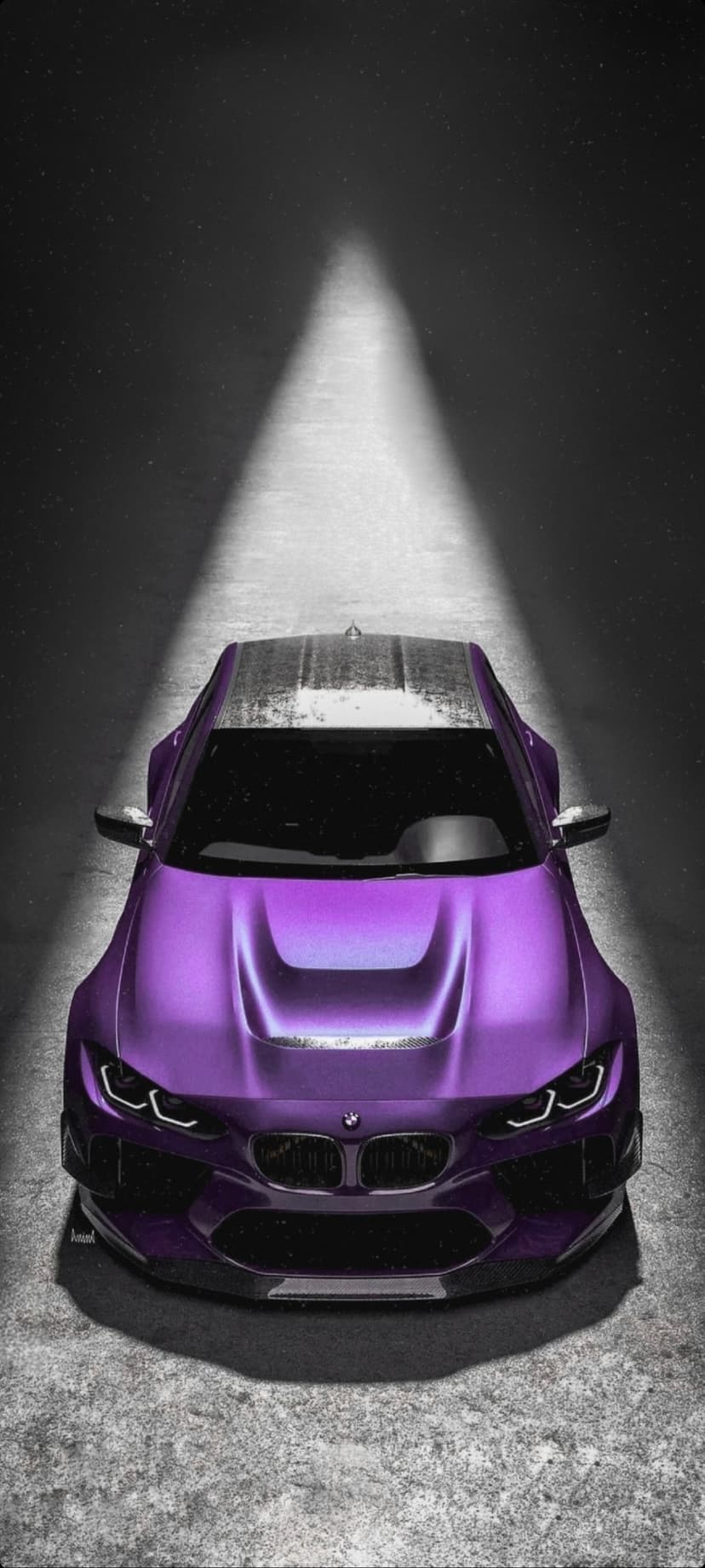 Purple BMW M4 Coupe with a hood scoop under a spotlight on wet concrete, featuring raindrops on the metal roof.