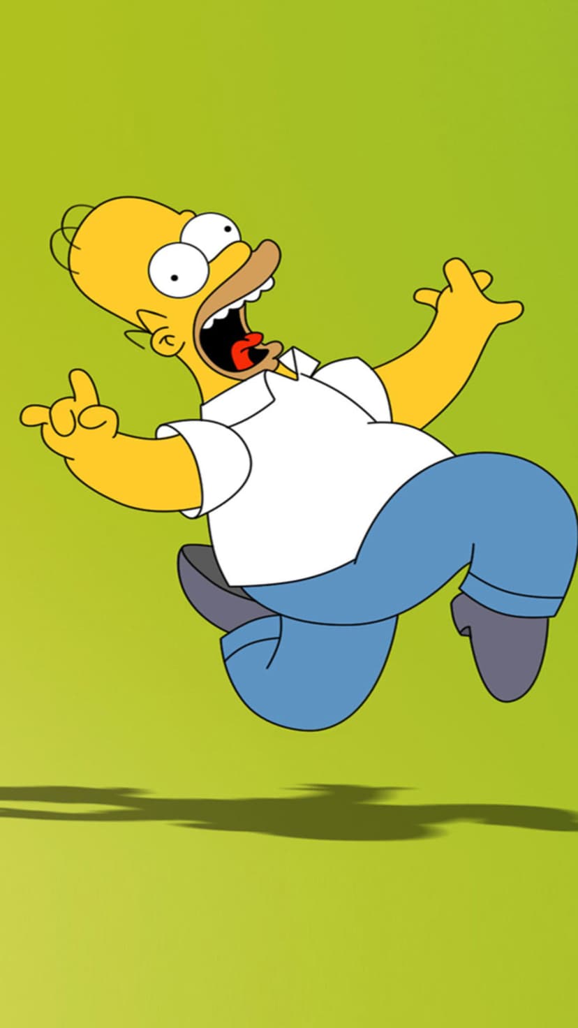 Homer Simpson runs with his arms raised and mouth open in a panic against a bright lime green background with a shadow.