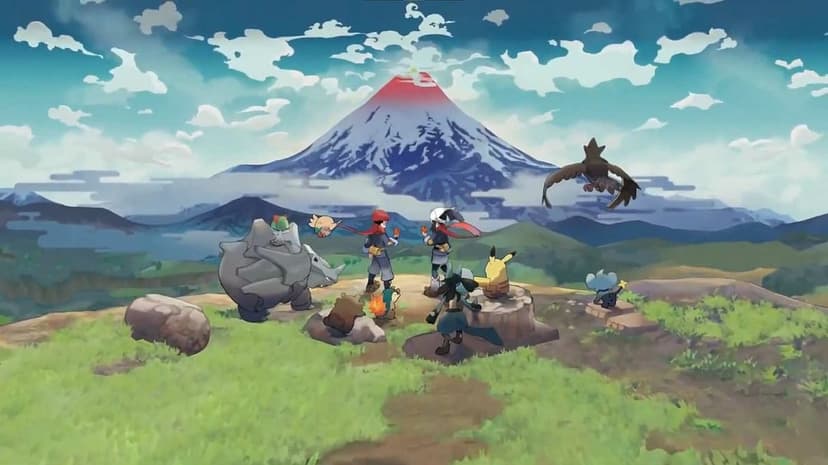 Trainers and Pokemon like Lucario and Pikachu on a cliff overlooking a massive snow-capped mountain peak.