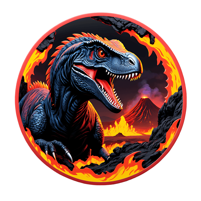 Blue raptor sticker shows a carnivorous dinosaur with red eyes and sharp teeth against volcanic lava.