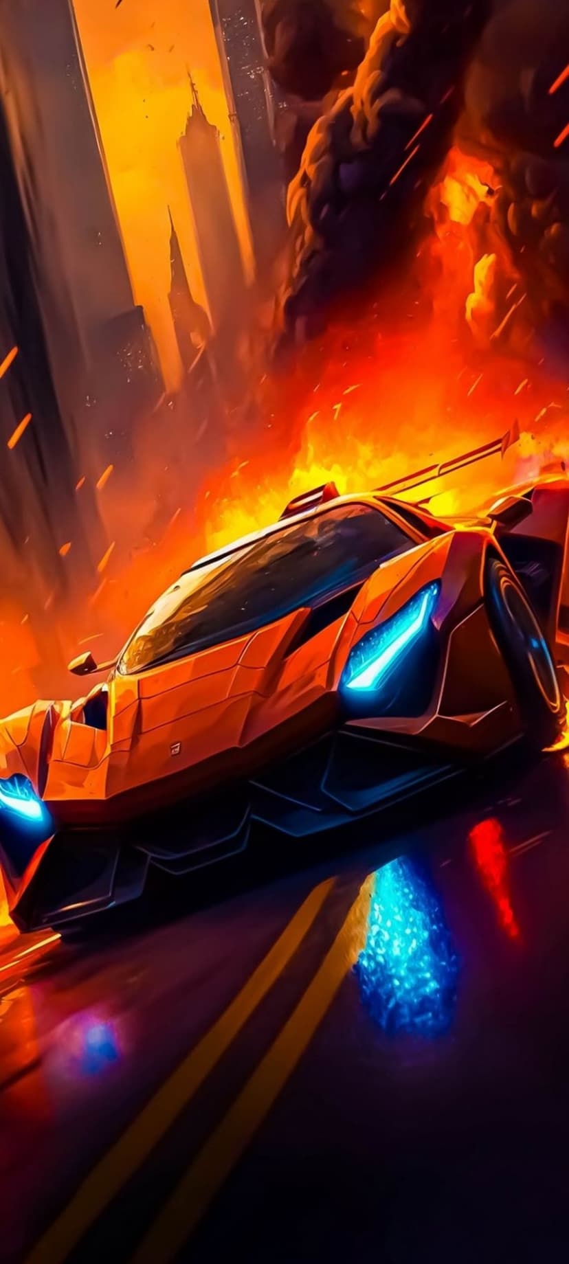 Orange sports car with blue headlights driving on wet asphalt through a burning dystopian urban cityscape.