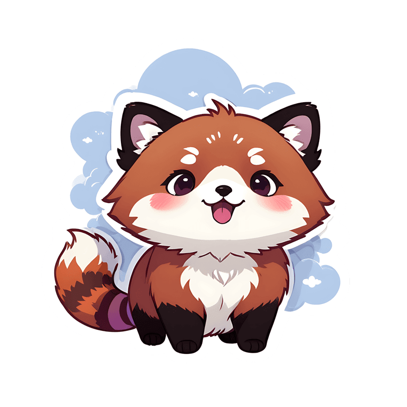 Red panda sticker illustration featuring purple eyes and reddish-brown fluffy fur against a blue cloud background.
