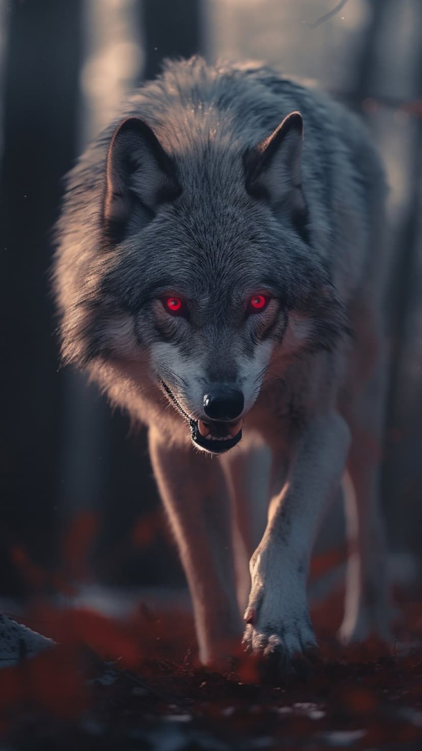 Grey wolf with glowing red eyes stalks through a dark forest across ground covered in scattered red leaves.