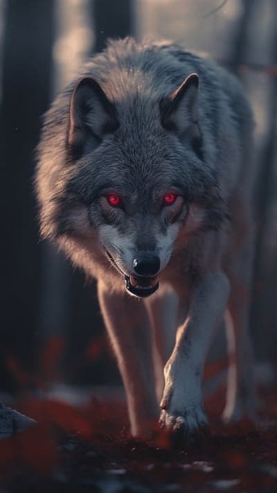 Wolf with glowing red eyes in a dark forest