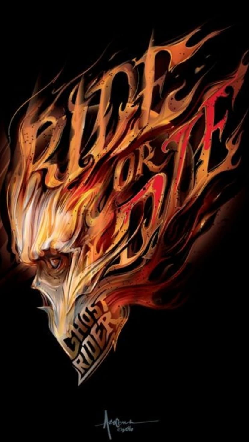 Flaming skull with Ride or Die text integrated into orange fire and the name Ghost Rider on the jawbone.