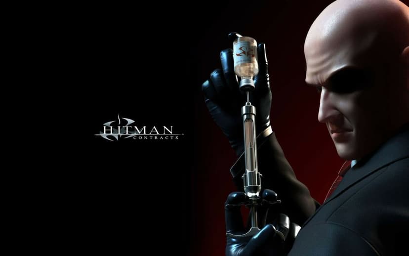 Agent 47 in a suit and black gloves holds a glass syringe and vial against a dark background with red lighting.
