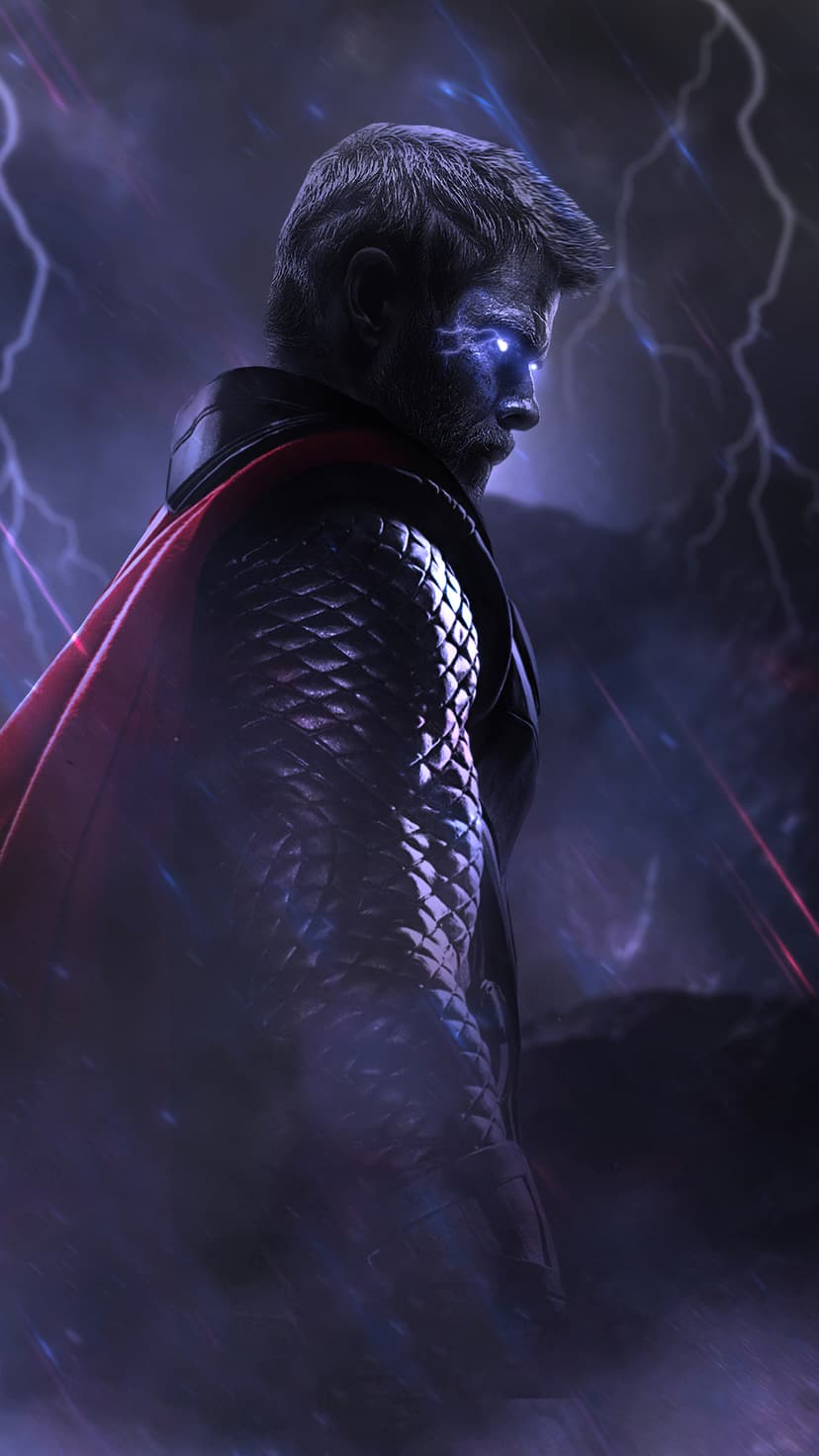 Thor with glowing blue eyes and silver armor stands amid purple lightning strikes and dark swirling storm clouds.