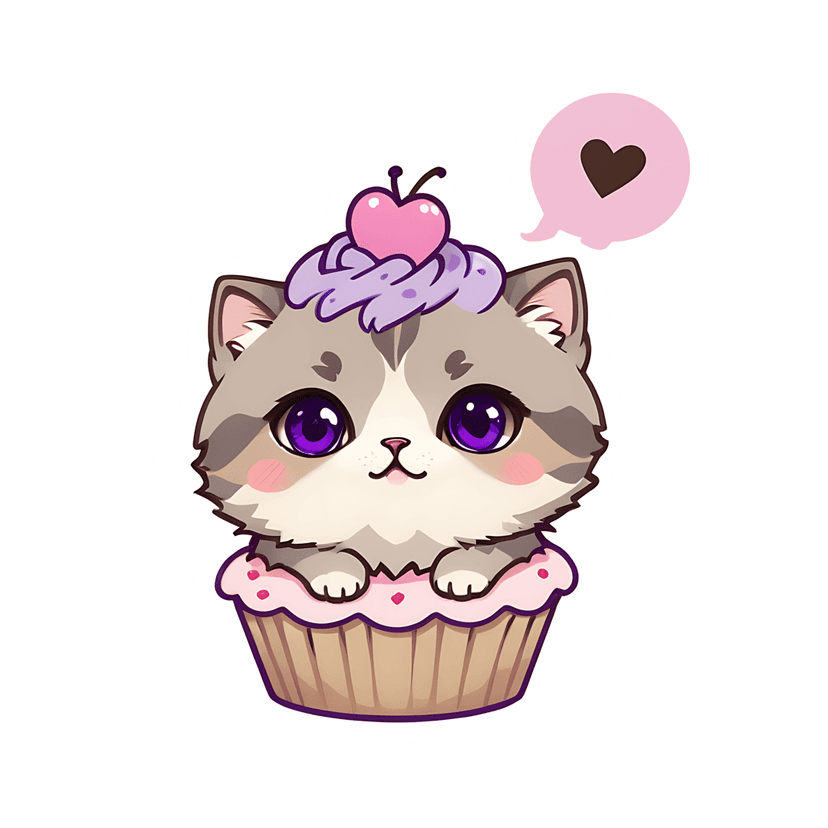 Gray kitten cupcake sticker illustration featuring purple eyes, pink frosting, and a thick white die-cut border.