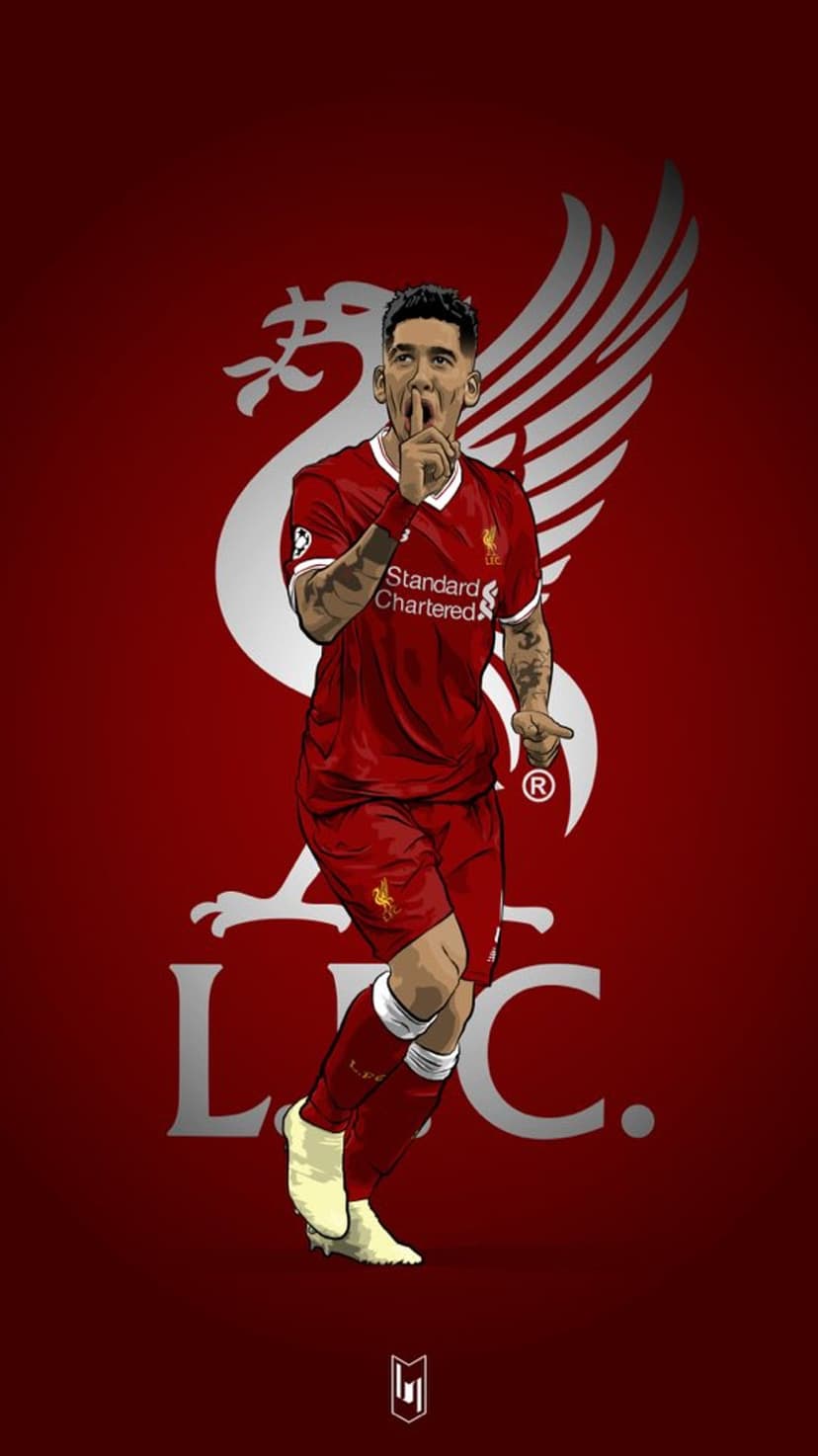Roberto Firmino wears a red jersey with his finger to his lips against a dark red backdrop and faint team crest.