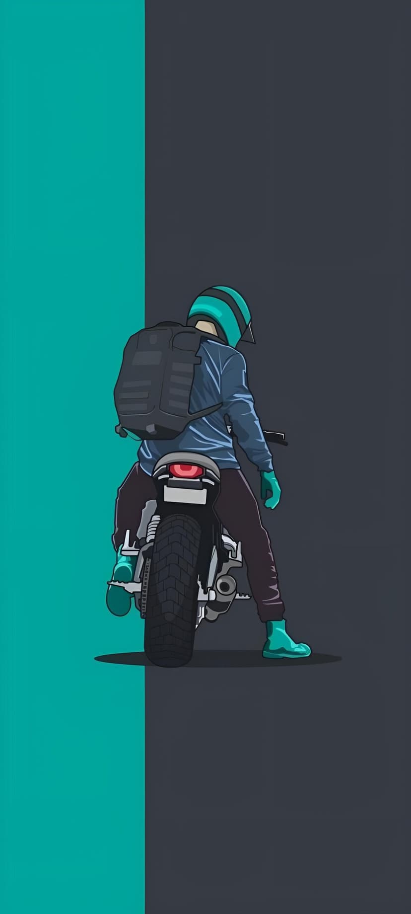 Rider with a backpack sits on a motorcycle against a split teal and charcoal gray high contrast background.