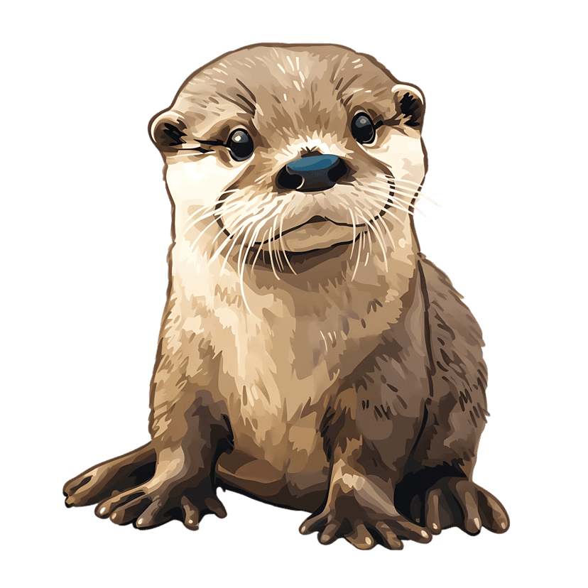 Stylized otter illustration sitting upright against a dark background featuring a blue nose and long whiskers.