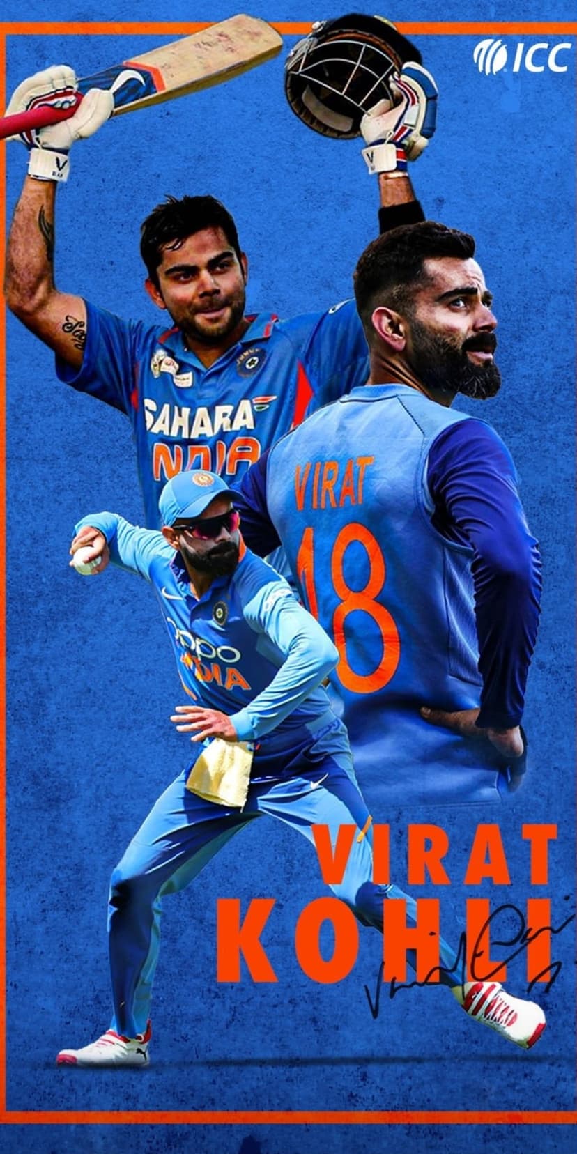 Virat Kohli in a blue India jersey holds a cricket bat and helmet during a celebratory sports montage.