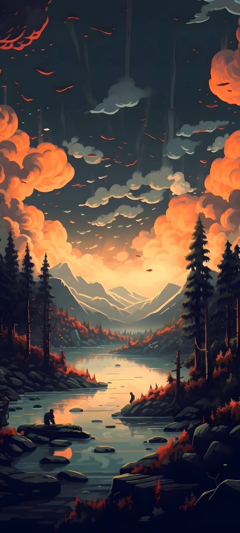 Alpine lake reflects a burning orange sunset behind towering mountains and evergreen trees in an anime style.