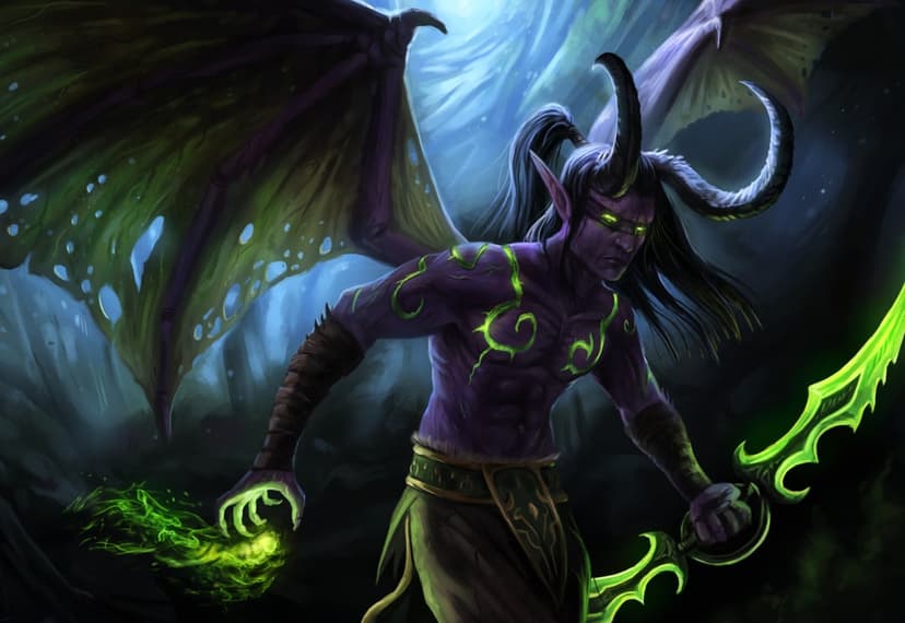 Demon hunter with purple skin, large horns, and glowing green tattoos holding a green flame and curved blade.